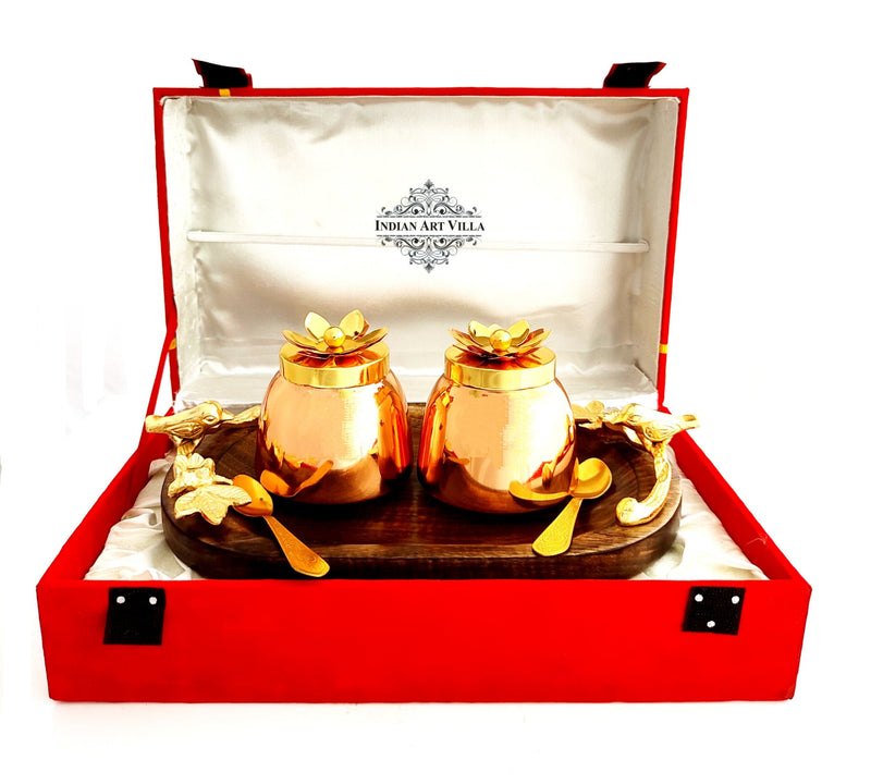 Handmade Set of 2 Dry Fruit Box, with 2 spoons & 1 Designer Tray Packed in Red Velvet Box | Serveware | Tableware | Gift Item | Home decor