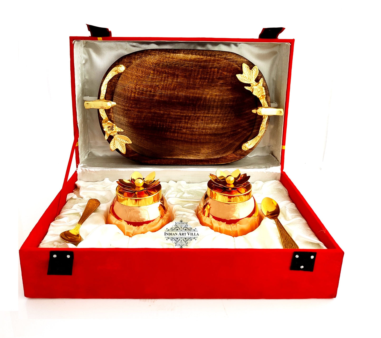 Handmade Set of 2 Dry Fruit Box, with 2 spoons & 1 Designer Tray Packed in Red Velvet Box | Serveware | Tableware | Gift Item | Home decor