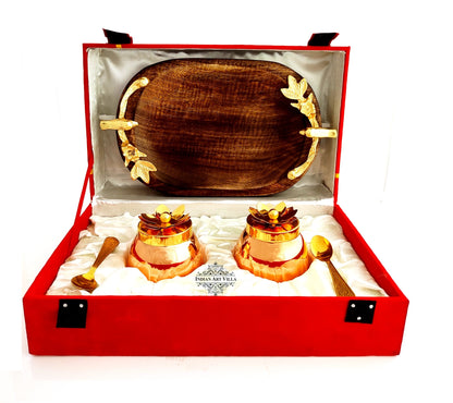 Handmade Set of 2 Dry Fruit Box, with 2 spoons & 1 Designer Tray Packed in Red Velvet Box | Serveware | Tableware | Gift Item | Home decor