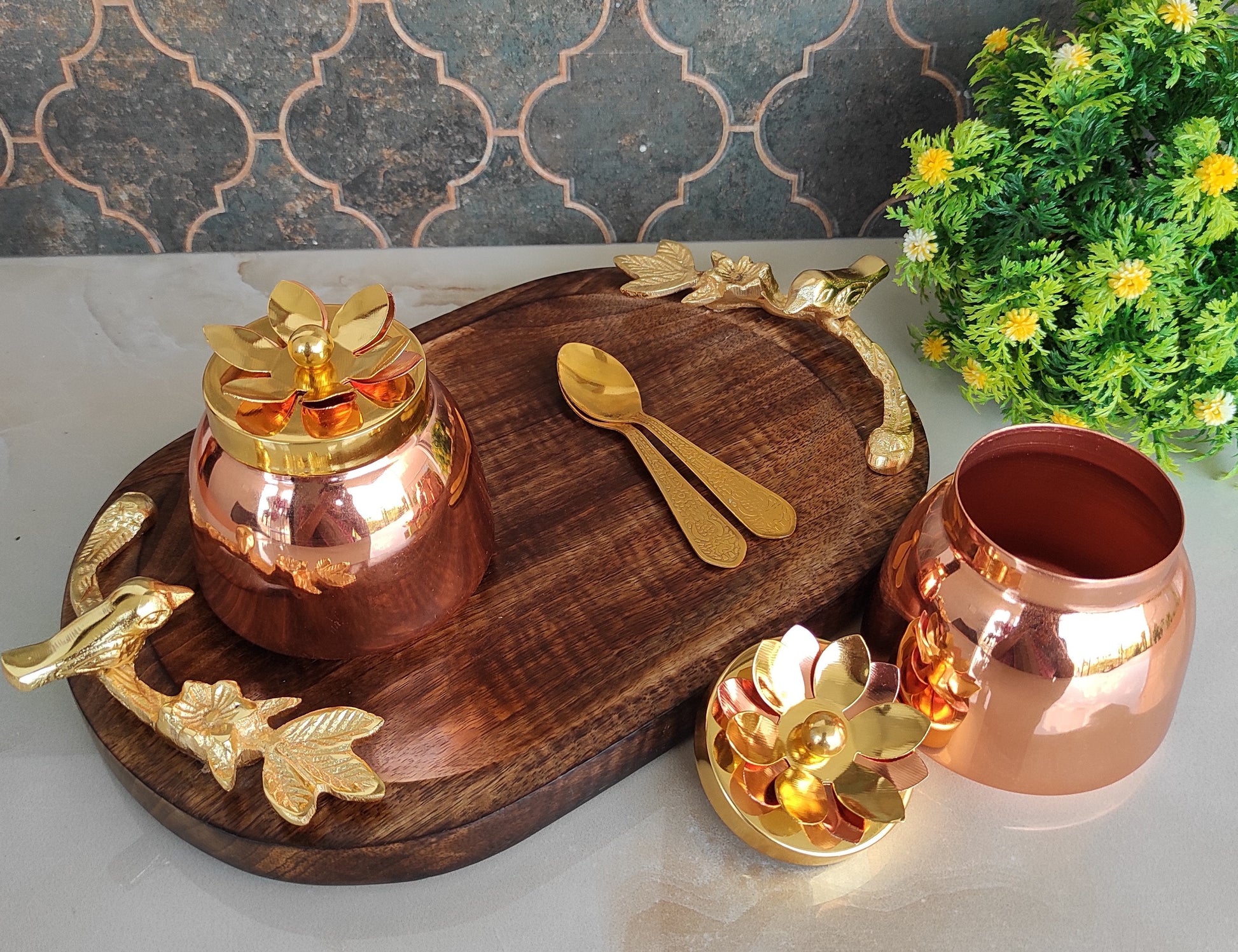 Handmade Set of 2 Dry Fruit Box, with 2 spoons & 1 Designer Tray Packed in Red Velvet Box | Serveware | Tableware | Gift Item | Home decor