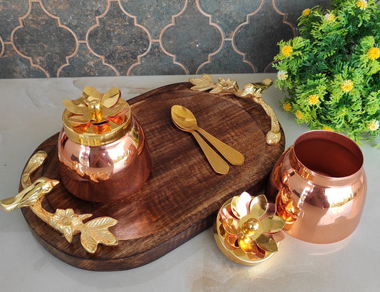 Handmade Set of 2 Dry Fruit Box, with 2 spoons & 1 Designer Tray Packed in Red Velvet Box | Serveware | Tableware | Gift Item | Home decor