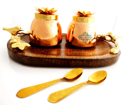 Handmade Set of 2 Dry Fruit Box, with 2 spoons & 1 Designer Tray Packed in Red Velvet Box | Serveware | Tableware | Gift Item | Home decor