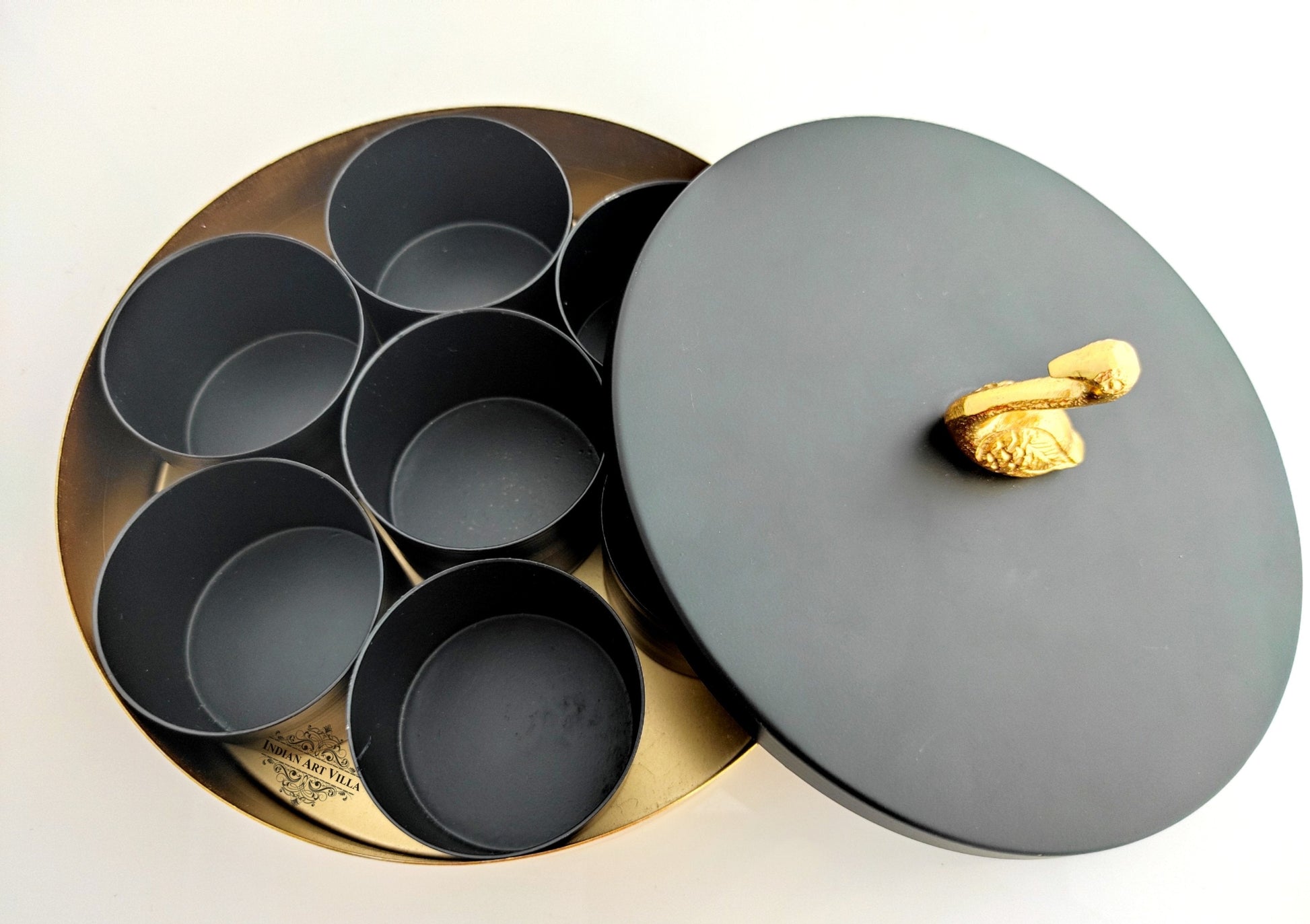 Handcrafted Masala Box with Black Lid and a designer handle | Diameter 20.32 cm