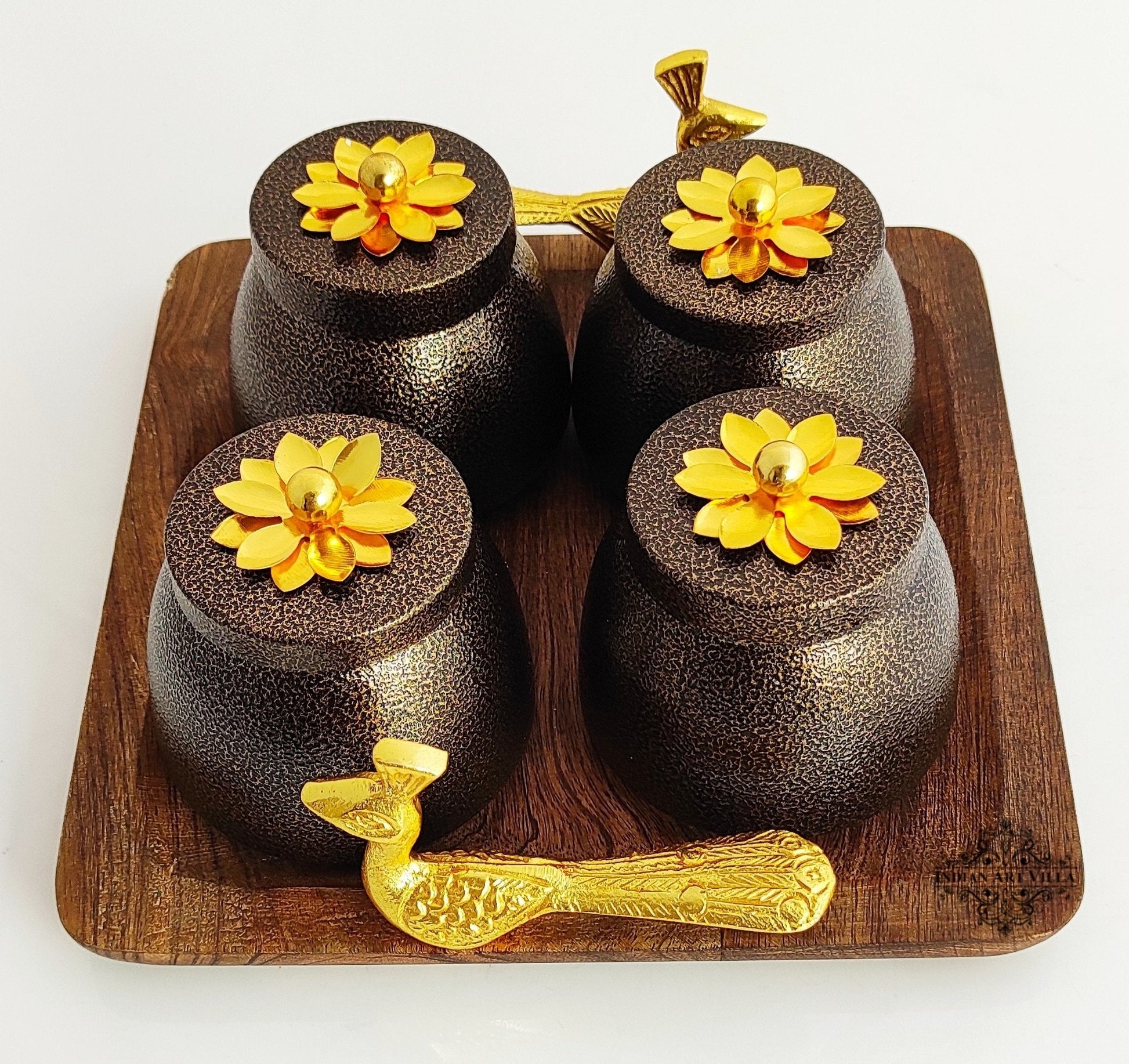 Set of 4 brown box & 1 Wooden Tray with Peacock Design Handle | Multipurpose Storage Boz | Brown