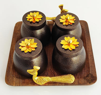 Set of 4 brown box & 1 Wooden Tray with Peacock Design Handle | Multipurpose Storage Boz | Brown