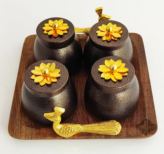 Set of 4 brown box & 1 Wooden Tray with Peacock Design Handle | Multipurpose Storage Boz | Brown