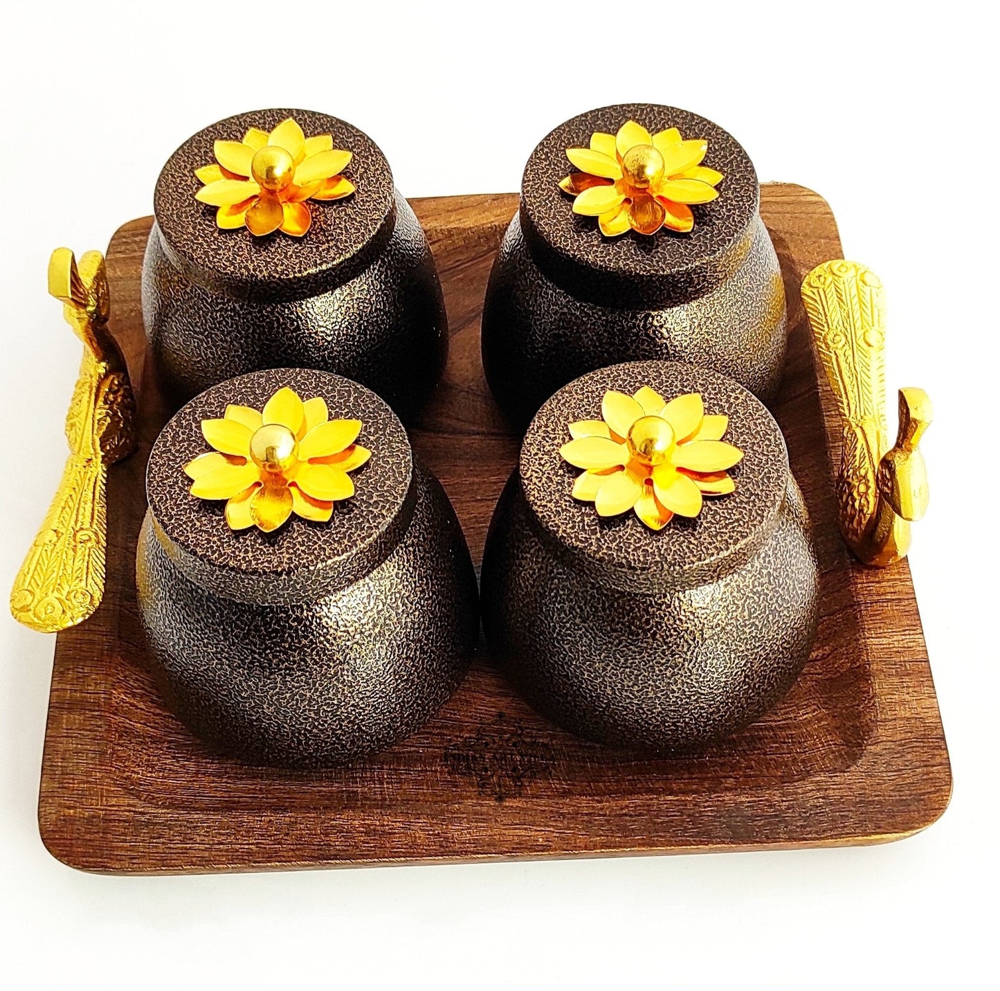 Set of 4 brown box & 1 Wooden Tray with Peacock Design Handle | Multipurpose Storage Boz | Brown