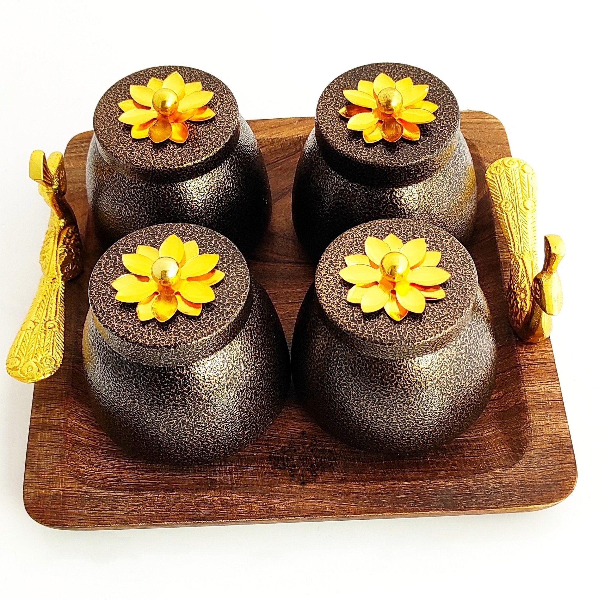 Set of 4 brown box & 1 Wooden Tray with Peacock Design Handle | Multipurpose Storage Boz | Brown