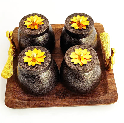 Set of 4 brown box & 1 Wooden Tray with Peacock Design Handle | Multipurpose Storage Boz | Brown