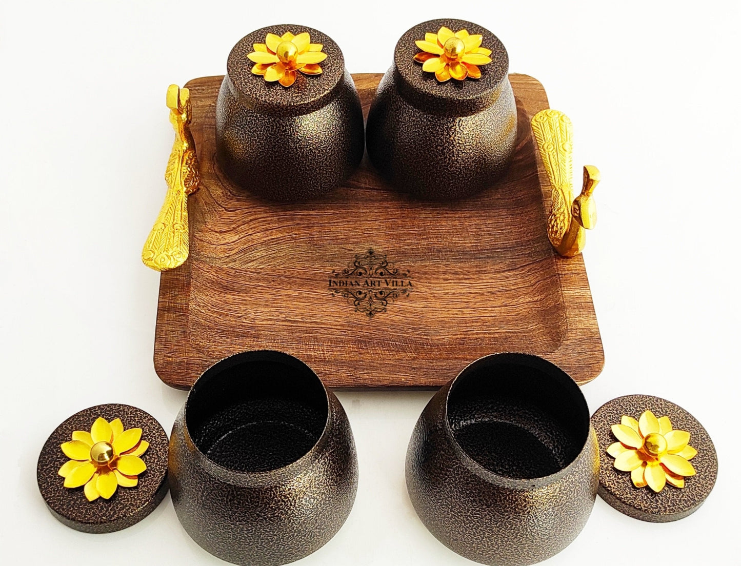 Set of 4 brown box & 1 Wooden Tray with Peacock Design Handle | Multipurpose Storage Boz | Brown