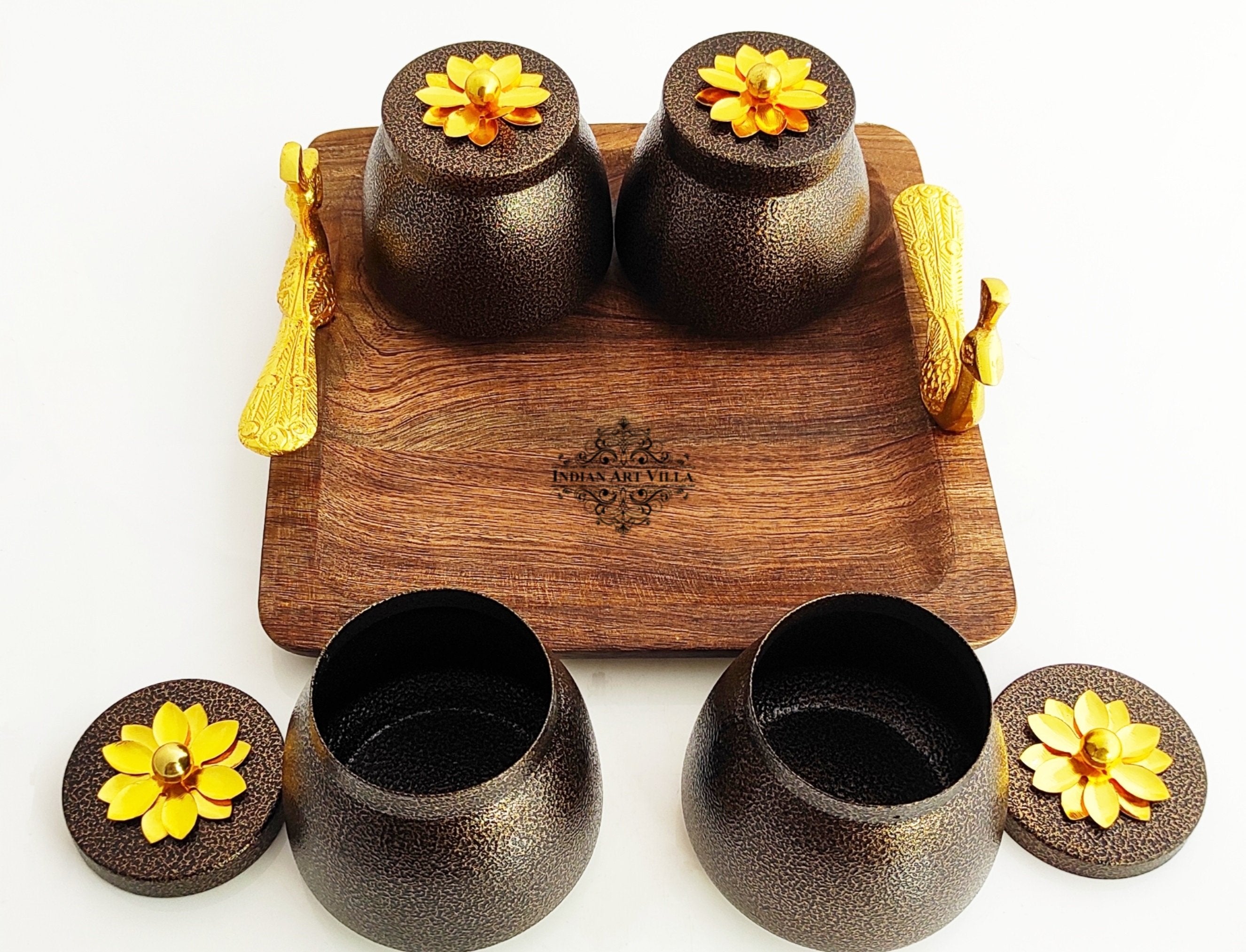 Set of 4 brown box & 1 Wooden Tray with Peacock Design Handle | Multipurpose Storage Boz | Brown