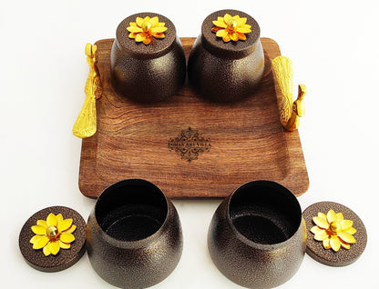 Set of 4 brown box & 1 Wooden Tray with Peacock Design Handle | Multipurpose Storage Boz | Brown