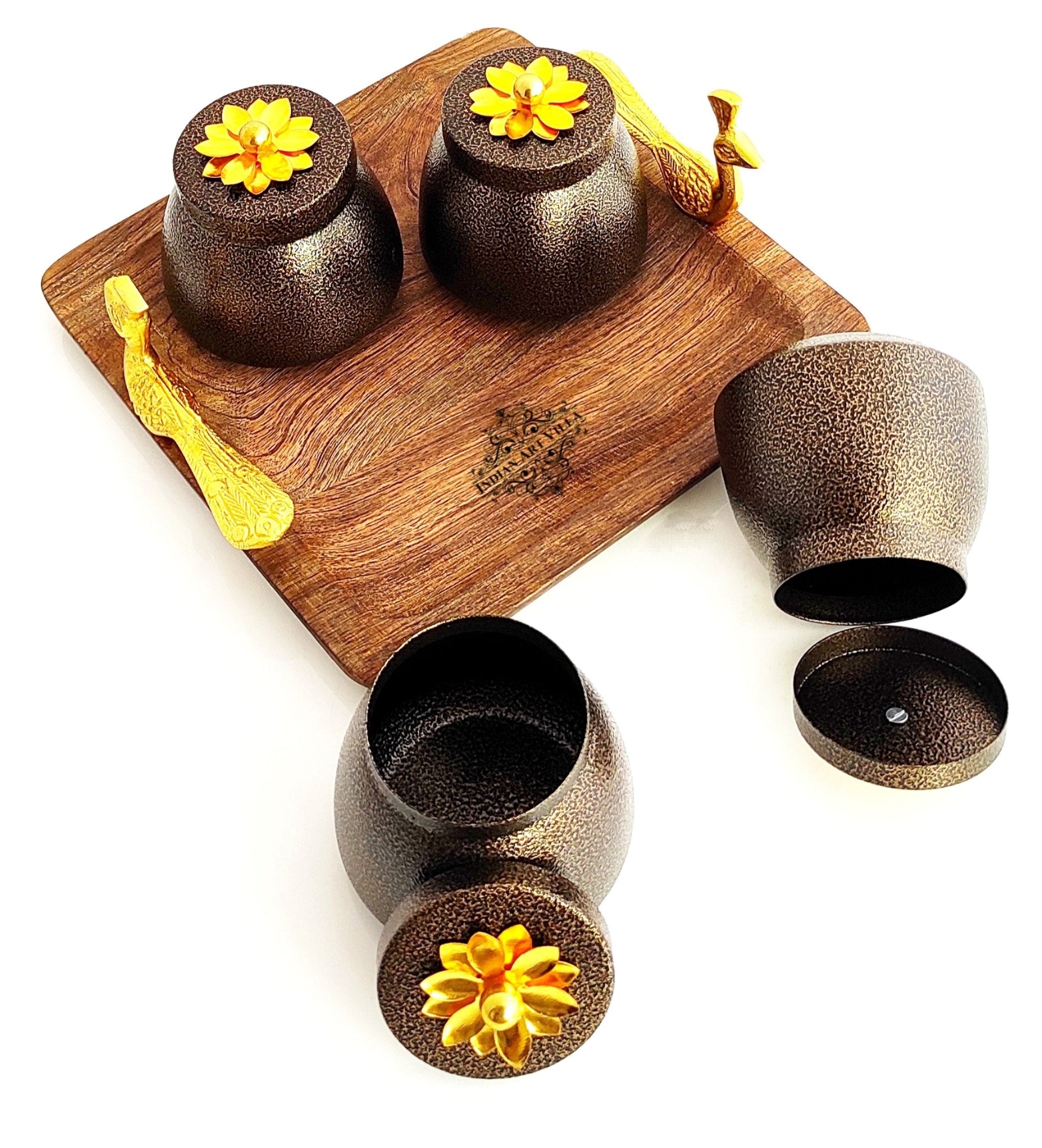 Set of 4 brown box & 1 Wooden Tray with Peacock Design Handle | Multipurpose Storage Boz | Brown