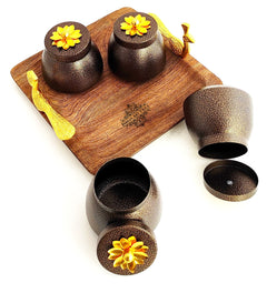 Set of 4 brown box & 1 Wooden Tray with Peacock Design Handle | Multipurpose Storage Boz | Brown