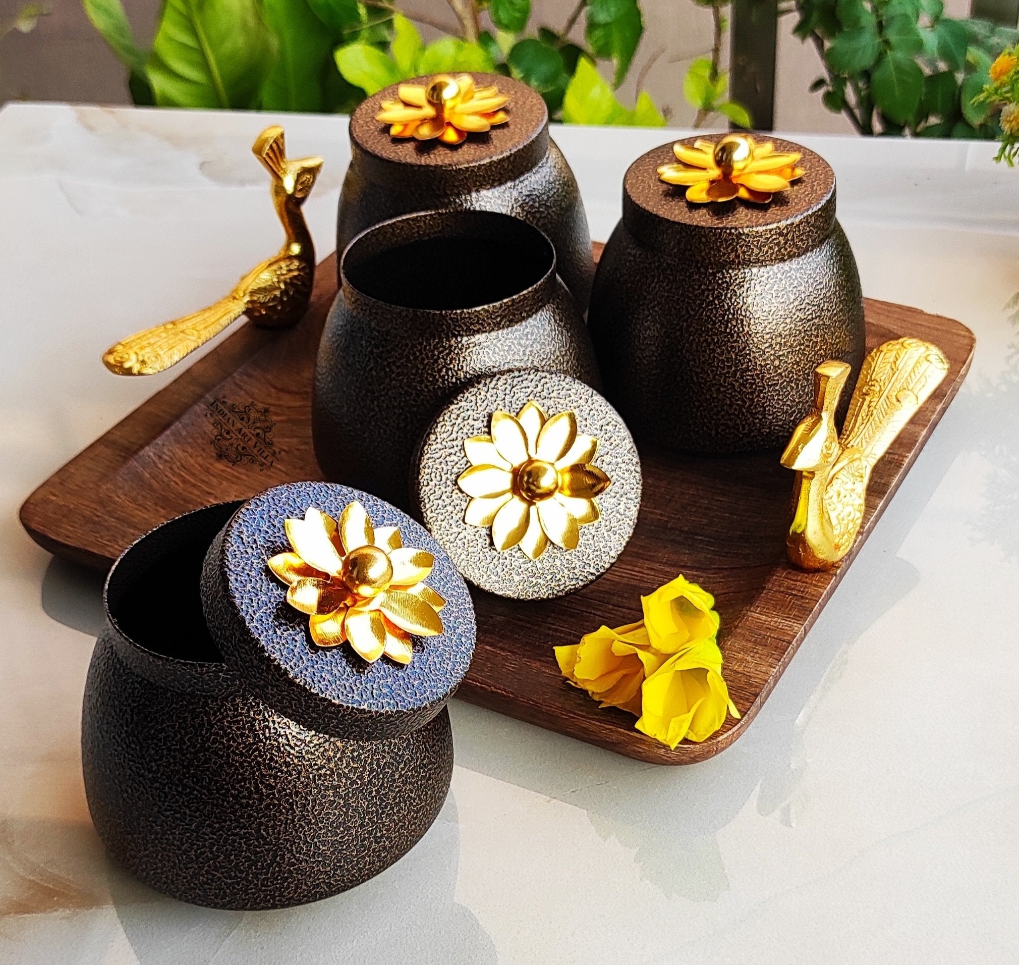 Set of 4 brown box & 1 Wooden Tray with Peacock Design Handle | Multipurpose Storage Boz | Brown