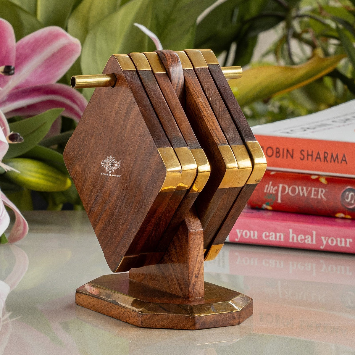 Wooden & Brass Coaster Set with Stand – 6 Pieces