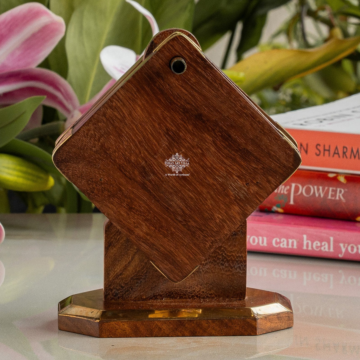 Wooden & Brass Coaster Set with Stand – 6 Pieces