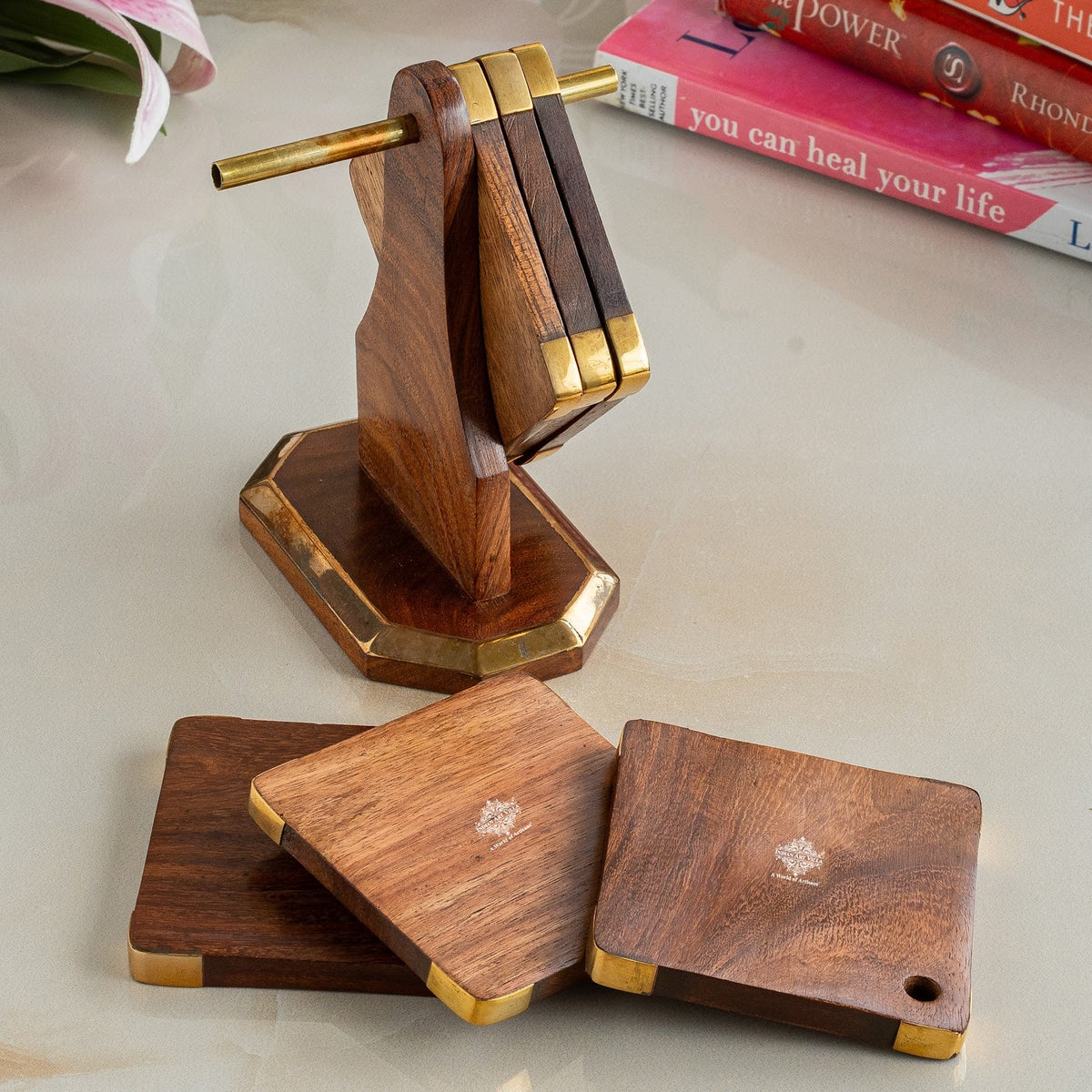 Wooden & Brass Coaster Set with Stand – 6 Pieces