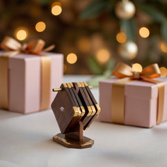 Wooden & Brass Coaster Set with Stand – 6 Pieces
