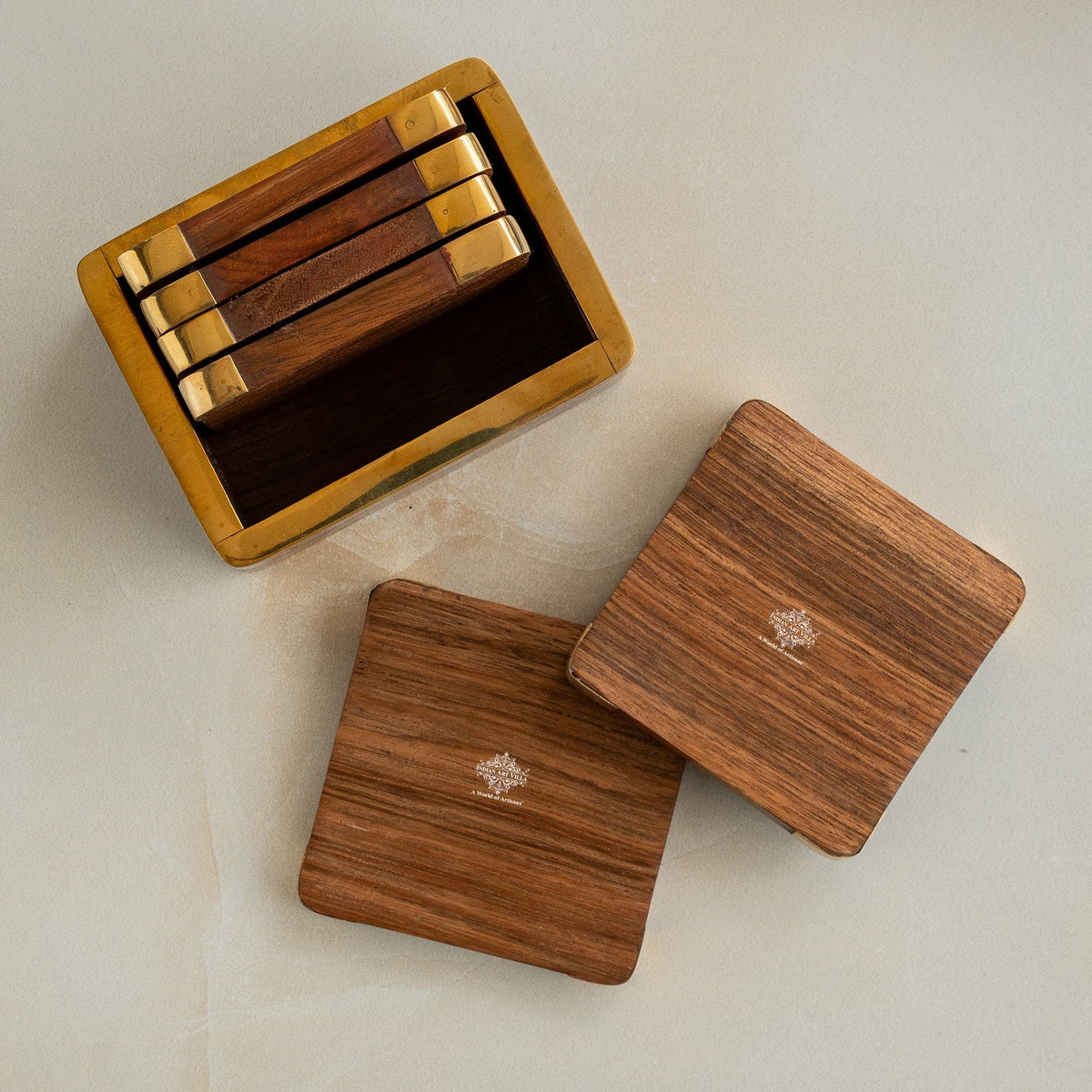 Wooden & Brass Coaster Set with Box – 6 Pieces