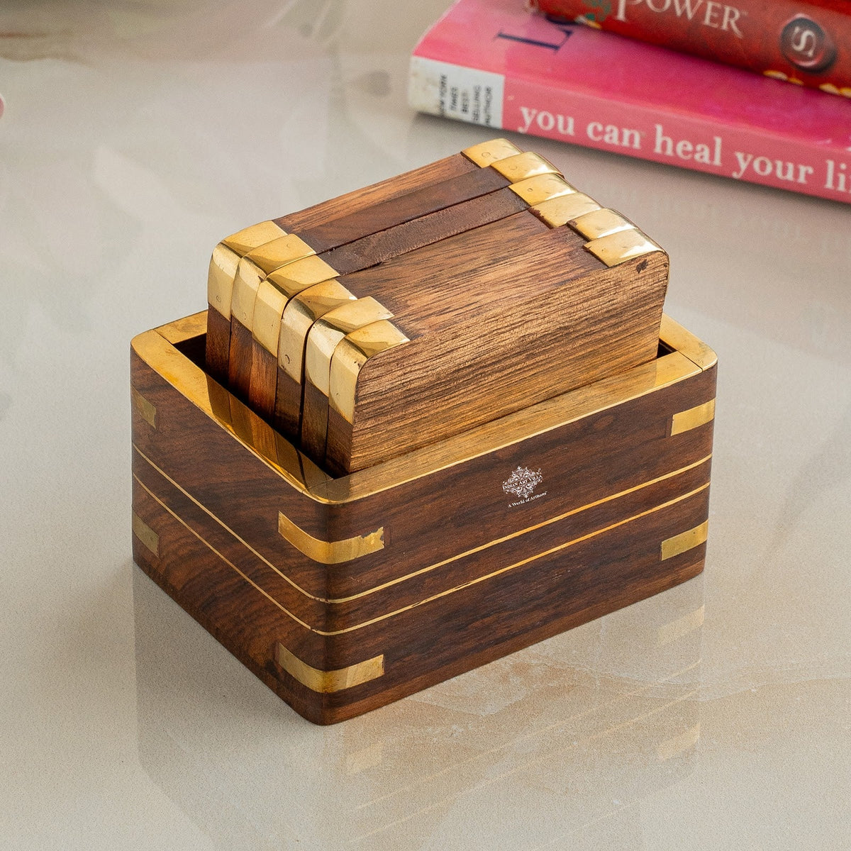 Wooden & Brass Coaster Set with Box – 6 Pieces