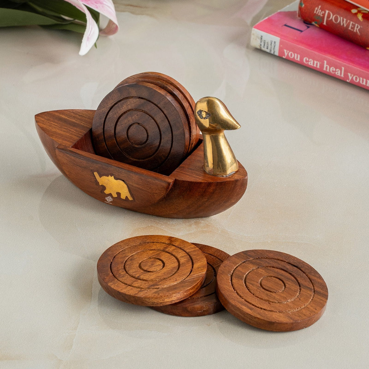 Crafted from Brass & Wooden Coaster Set With Duck Design