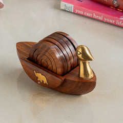 Crafted from Brass & Wooden Coaster Set With Duck Design