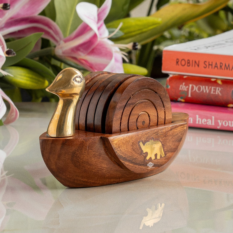 Crafted from Brass & Wooden Coaster Set With Duck Design