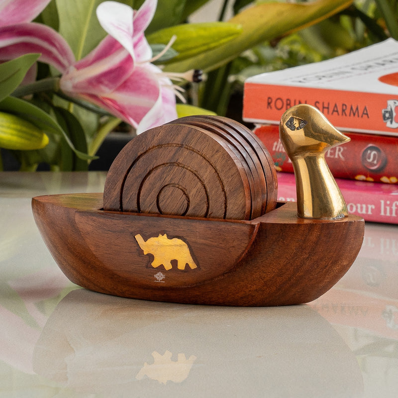 Crafted from Brass & Wooden Coaster Set With Duck Design