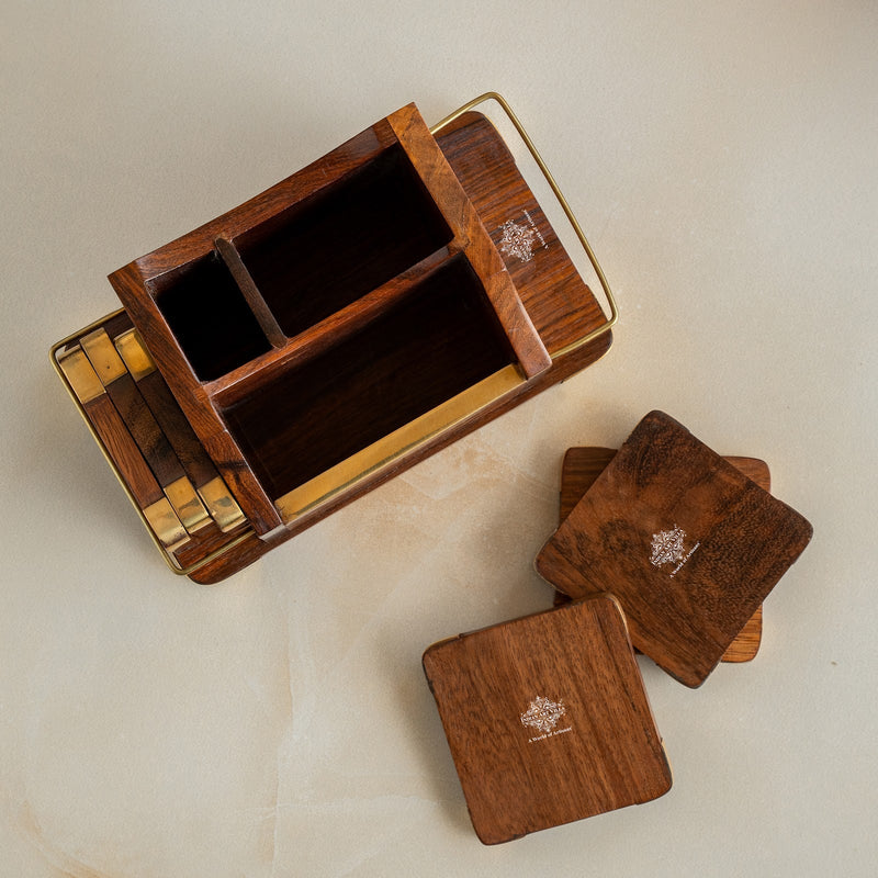 Brass & Wooden Coaster Set With Square Box