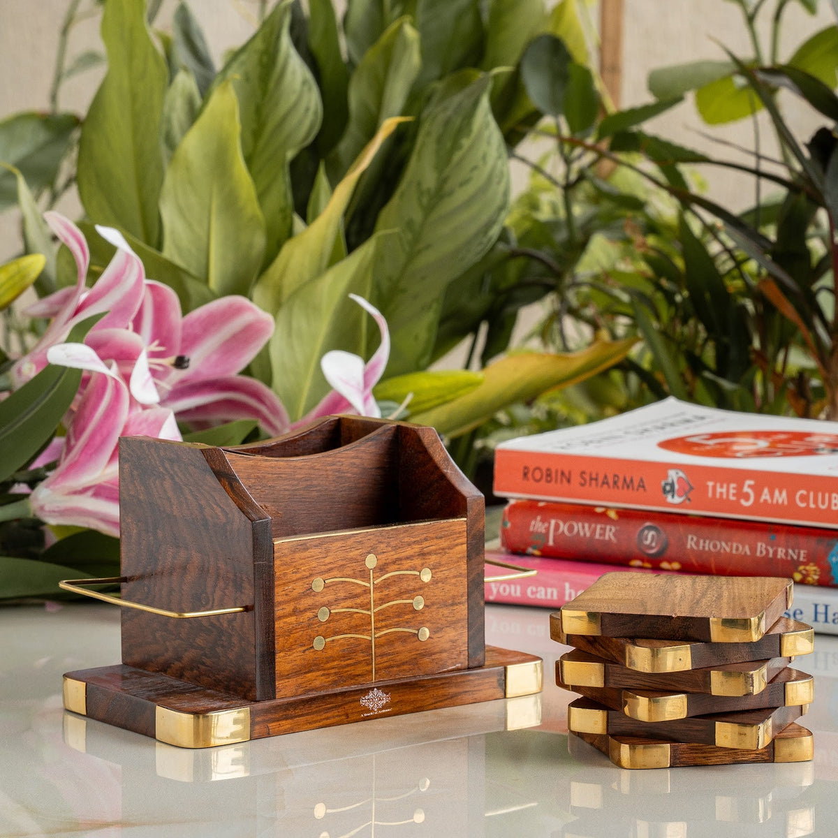 Brass & Wooden Coaster Set With Square Box