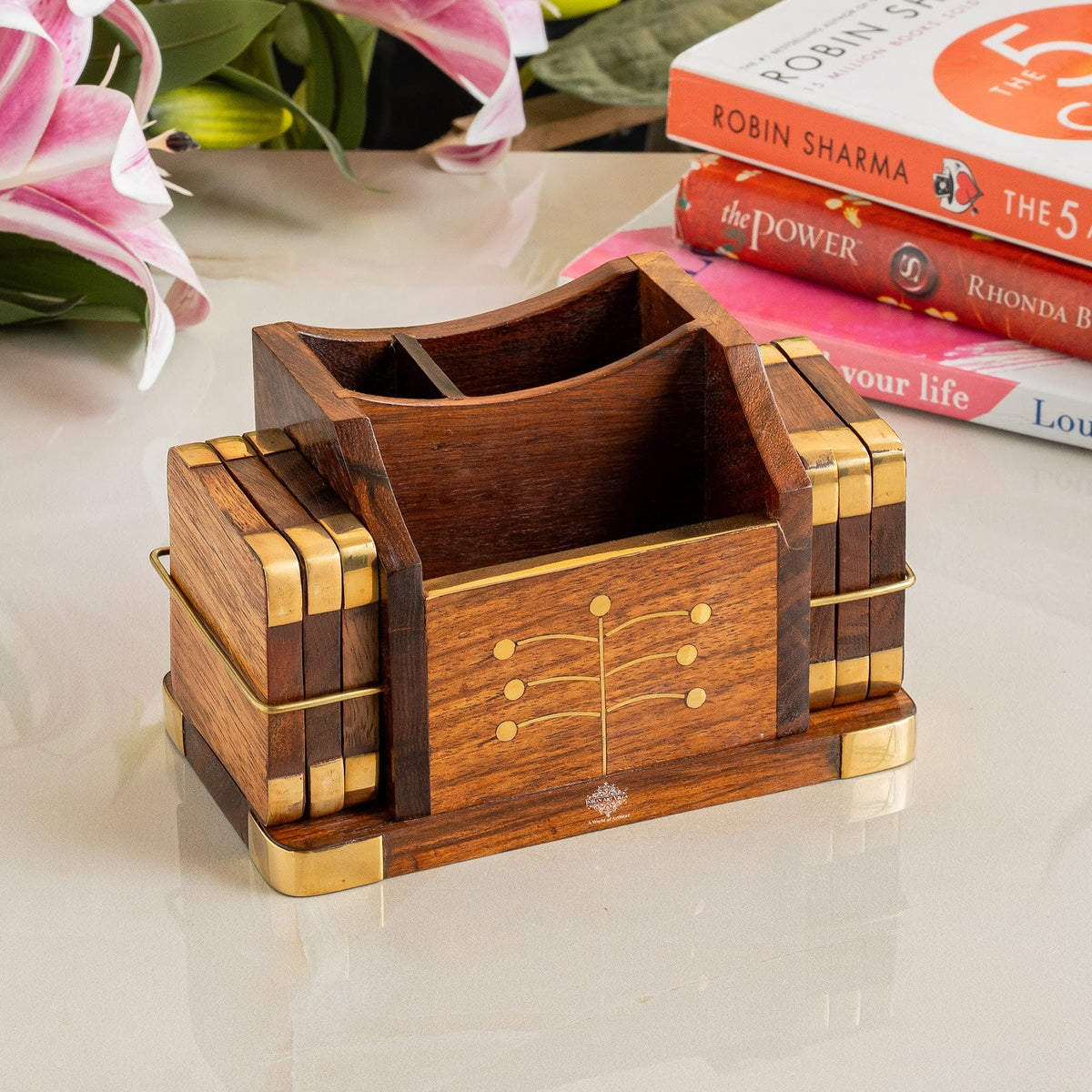 Brass & Wooden Coaster Set With Square Box
