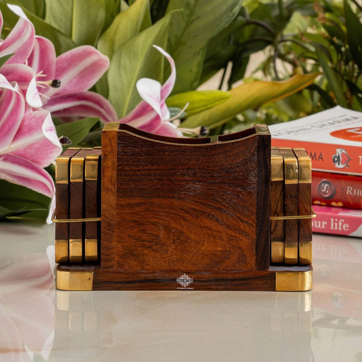 Brass & Wooden Coaster Set With Square Box