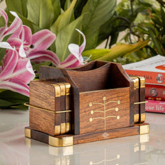 Brass & Wooden Coaster Set With Square Box