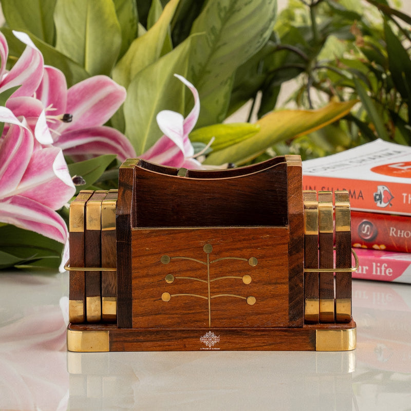Brass & Wooden Coaster Set With Square Box