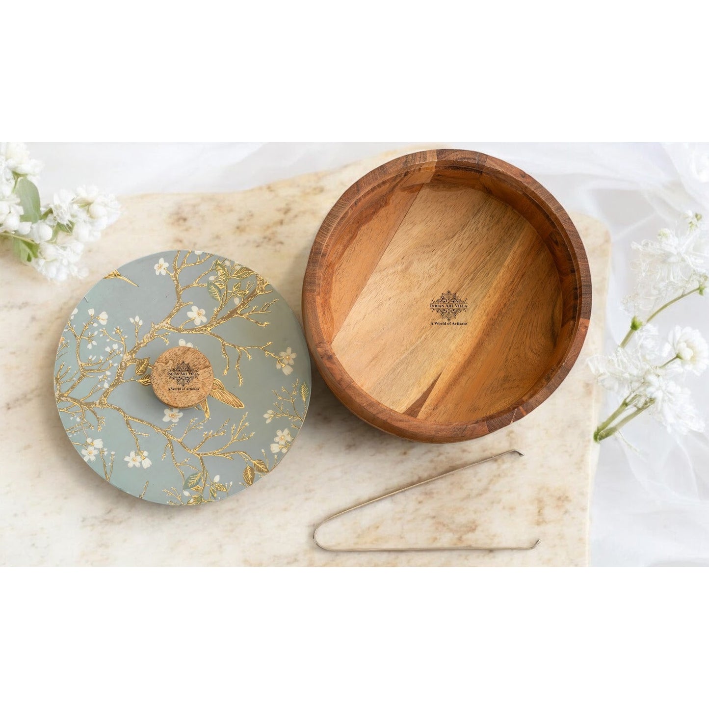 Wooden Serving Box with Decorative Lid & Tongs – Perfect for Roti, Momos, Idli & More