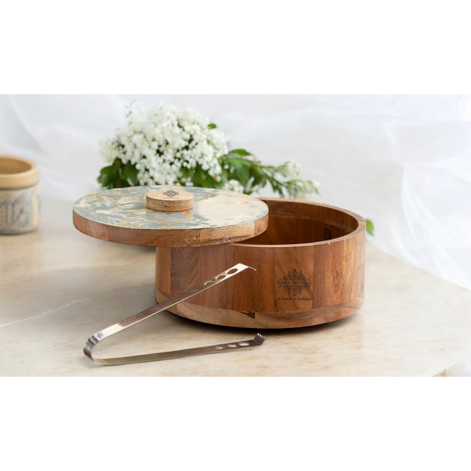 Wooden Serving Box with Decorative Lid & Tongs – Perfect for Roti, Momos, Idli & More