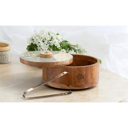 Wooden Serving Box with Decorative Lid & Tongs – Perfect for Roti, Momos, Idli & More