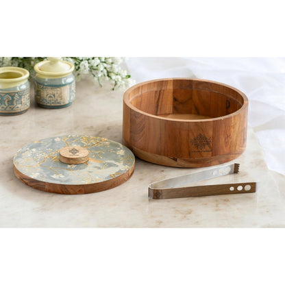 Wooden Serving Box with Decorative Lid & Tongs – Perfect for Roti, Momos, Idli & More