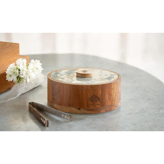 Wooden Serving Box with Decorative Lid & Tongs – Perfect for Roti, Momos, Idli & More