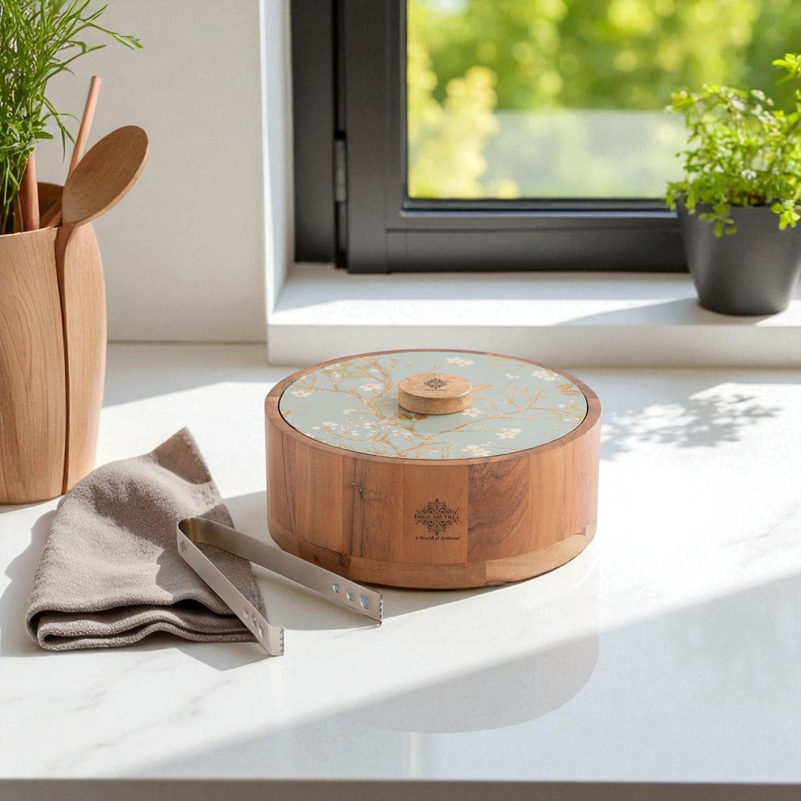 Wooden Serving Box with Decorative Lid & Tongs – Perfect for Roti, Momos, Idli & More