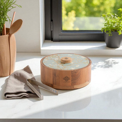 Wooden Serving Box with Decorative Lid & Tongs – Perfect for Roti, Momos, Idli & More
