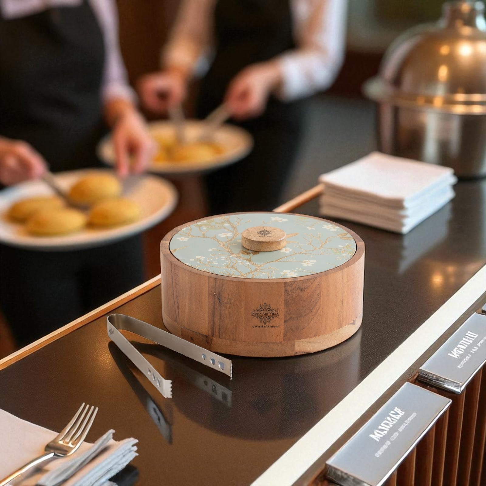Wooden Serving Box with Decorative Lid & Tongs – Perfect for Roti, Momos, Idli & More