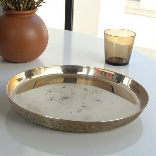 Bronze/Kansa Thali With Bouquet Design Inside & Embossed Design Outside, Dinner Serving Plate, Serving Dinner Dishes Home Hotel Restaurant Tableware, Diameter- 30.48 cm