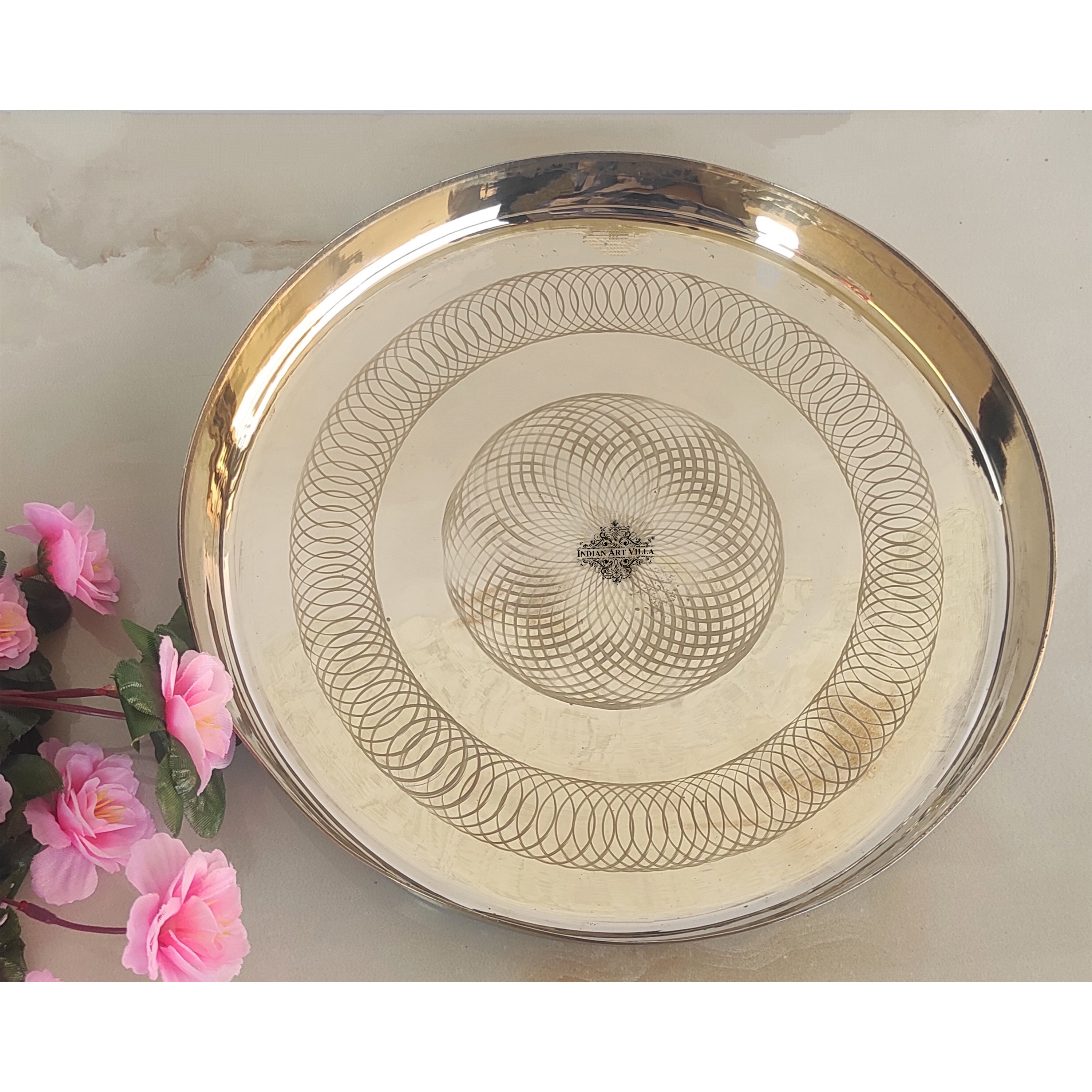 Bronze/Kansa Thali With Flower of Life Design, Dinner Serving Plate, Serving Dinner Dishes Home Hotel Restaurant Tableware, Diameter- 29.21 cm