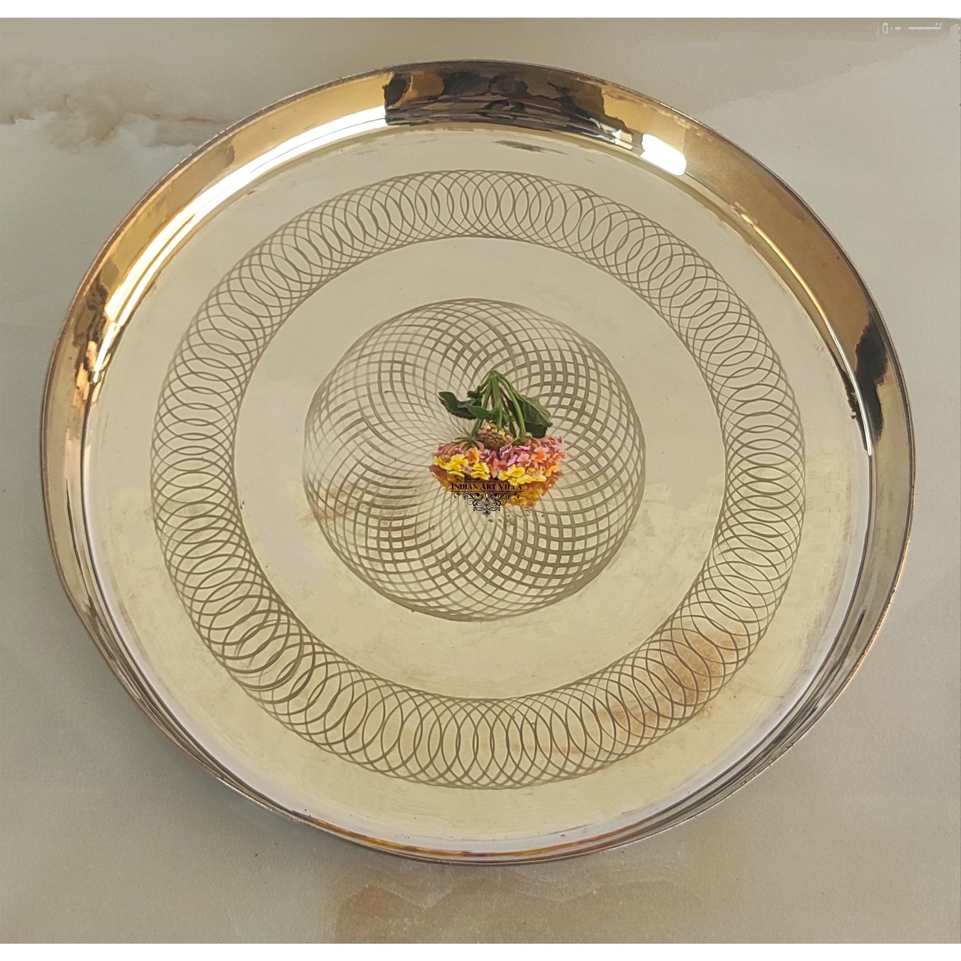 Bronze/Kansa Thali With Flower of Life Design, Dinner Serving Plate, Serving Dinner Dishes Home Hotel Restaurant Tableware, Diameter- 29.21 cm