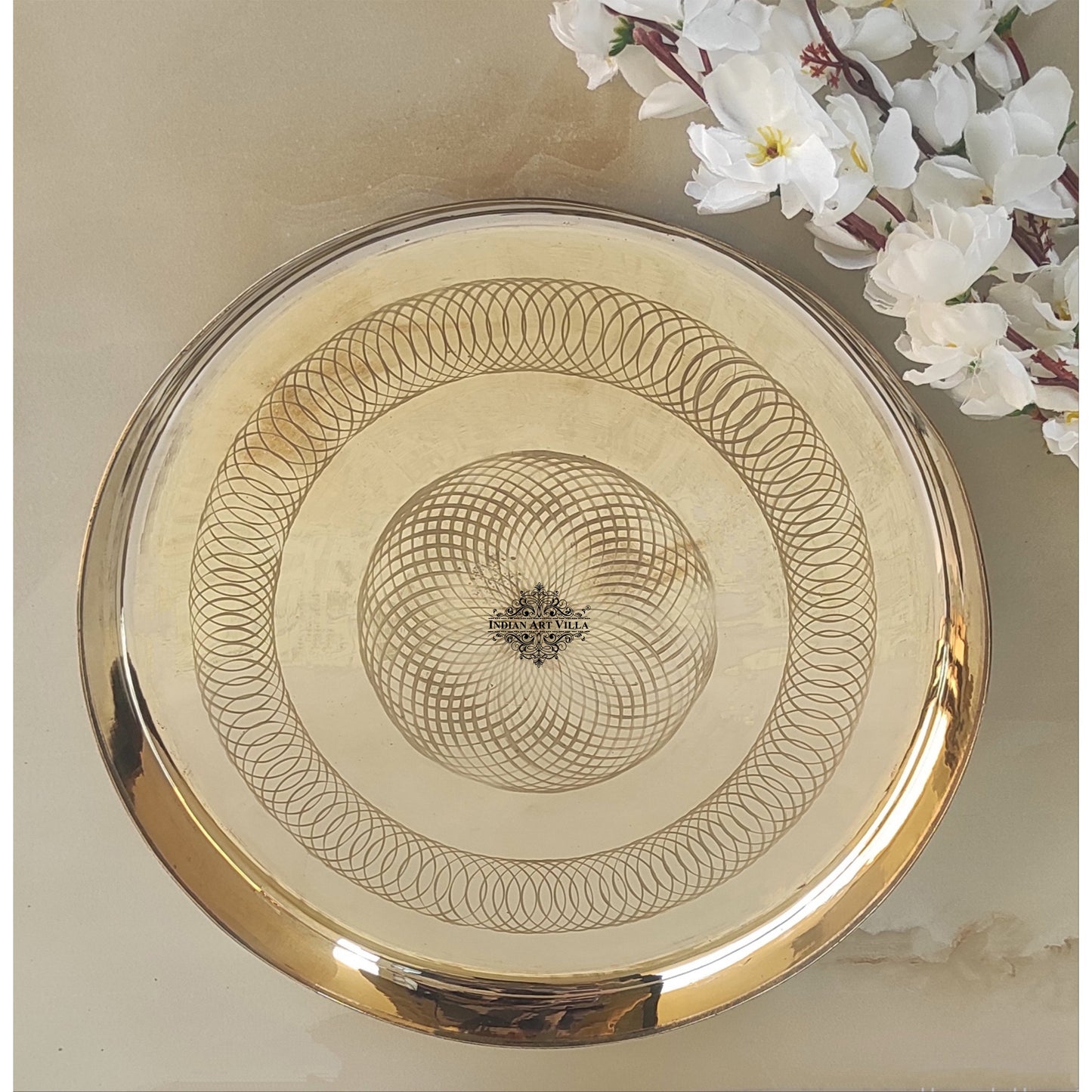 Bronze/Kansa Thali With Flower of Life Design, Dinner Serving Plate, Serving Dinner Dishes Home Hotel Restaurant Tableware, Diameter- 29.21 cm