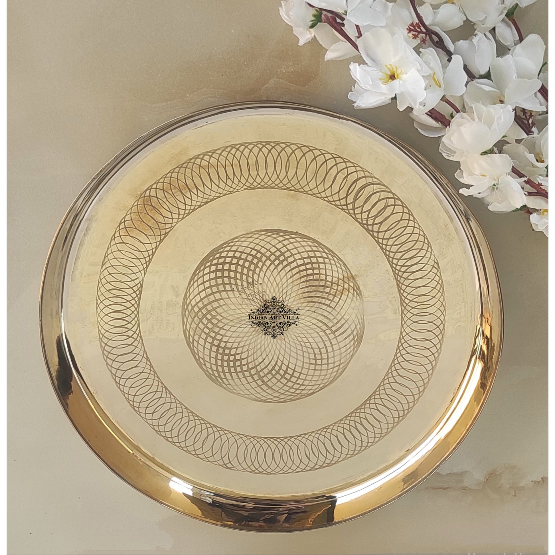Bronze/Kansa Thali With Flower of Life Design, Dinner Serving Plate, Serving Dinner Dishes Home Hotel Restaurant Tableware, Diameter- 29.21 cm