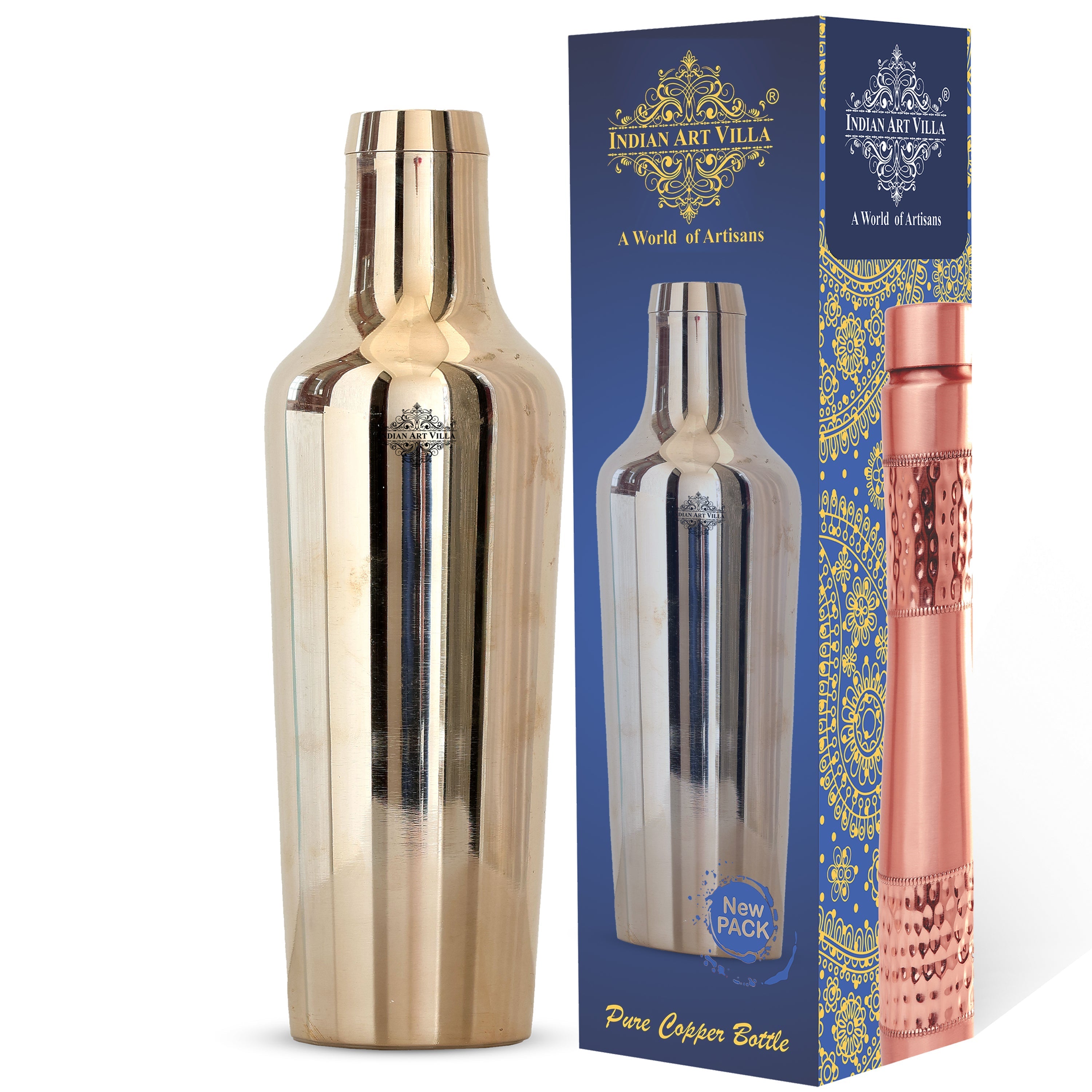 Handcrafted Pure Bronze Shine Finish Design Water Bottle, 850 ml