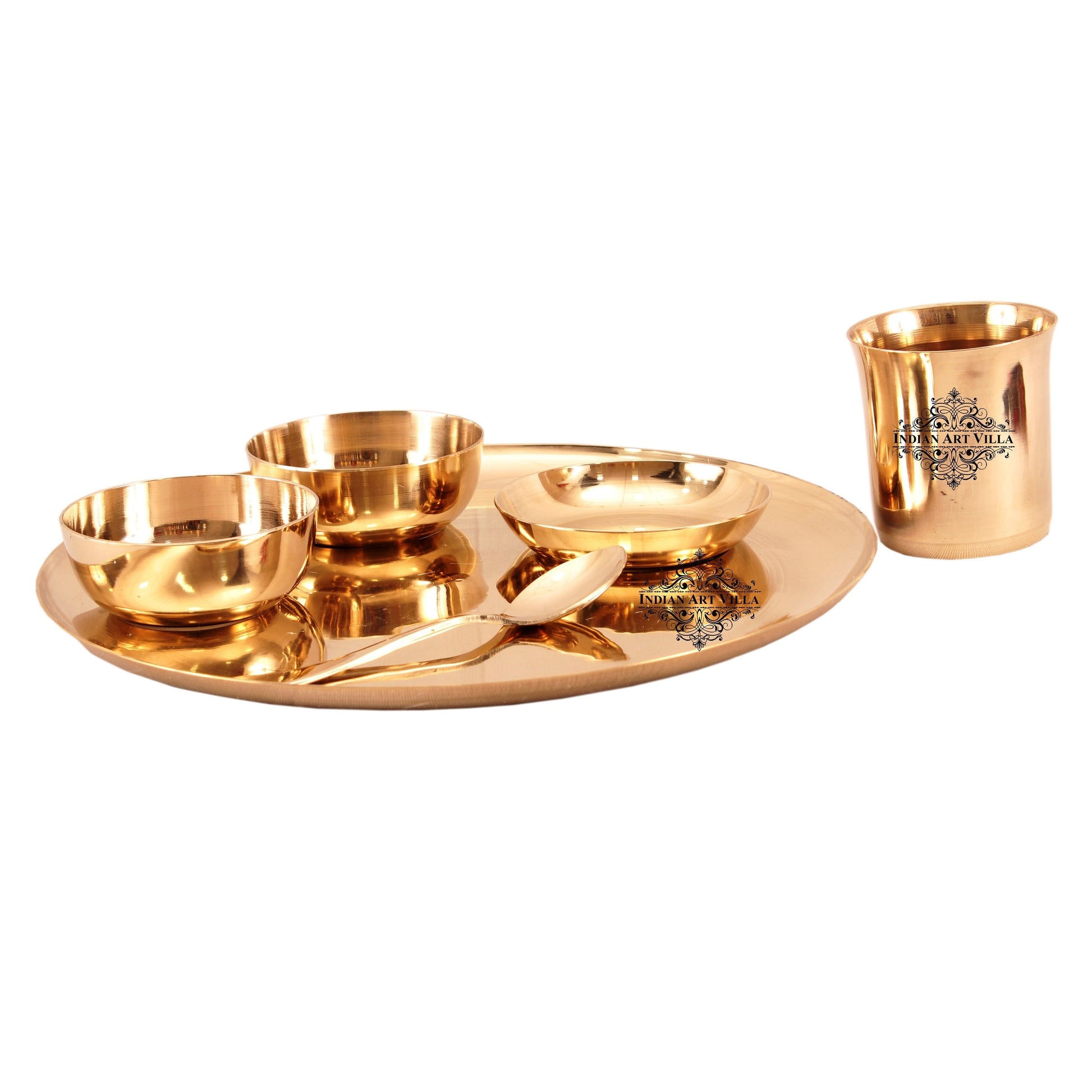 Bronze 6 Piece Dinner Set, Plain Design, 1 Plate, 1 Glass, 1 Spoon, 1 Halwa Plate, 2 Bowl